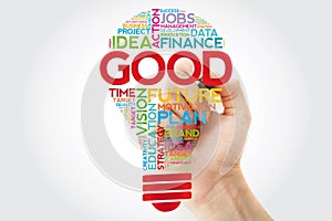 GOOD bulb word cloud collage with marker, business concept background