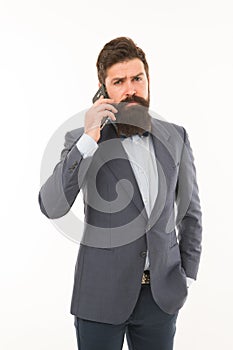 Good business talk. Man manager phone conversation. Guy with smartphone call friend. Mobile call concept. Successful