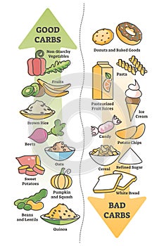 Good carbohydrates vs bad carbs as food example educational outline diagram