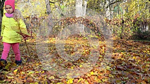 Good child girl with raker tool walk through garden covered with autumn leaves