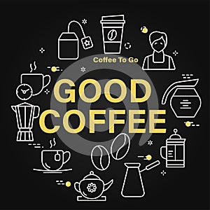 Good coffee circle vector banner. Isolated linear chalk icons in round frame on black