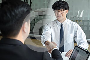 Good deal of interview, Business people and recruiter shaking hands greeting or get acquainted of conducting a job interview while