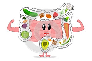 Good digestion. Strong intestines. Useful food for the intestines, fiber, vegetables, fruits. Intestines smiling