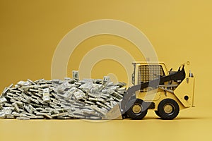 good earnings on heavy equipment. excavator and many packs of dollars on a yellow background. 3d render