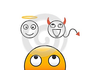 Good and evil concept. Emoticon character person looking at his conscience. Deciding between the good and the bad choice.
