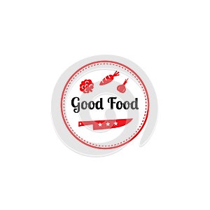 Good Food logo design template.Graphic knife and vegetables icon symbol for cafe, restaurant, cooking business. Modern linear