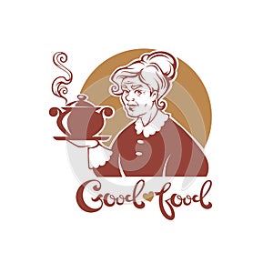 Good Food, vector portrait of lovely grandmother and home made soup