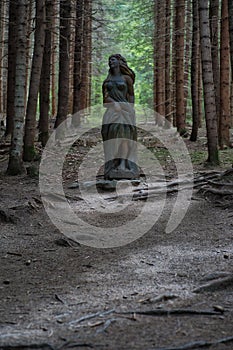 Good forest fairy statue made of wood among the trees