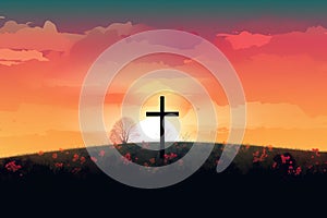 Good Friday concept: Silhouette cross of Jesus Christ on meadow autumn sunrise background. Generative AI