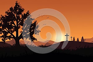 Good Friday concept: Silhouette cross of Jesus Christ on meadow autumn sunrise background. Generative AI