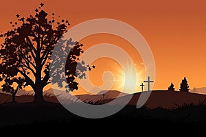 Good Friday concept: Silhouette cross of Jesus Christ on meadow autumn sunrise background. Generative AI