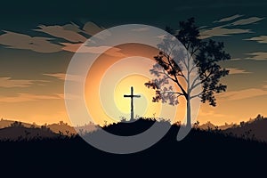 Good Friday concept: Silhouette cross of Jesus Christ on meadow autumn sunrise background. Generative AI