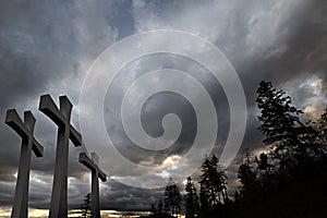 Good Friday Easter Crosses Clouds Trees Background