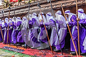 Good Friday procession walks over carpet, Antigua, Guatemala