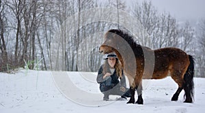 The little brown poni and the woman in the snow photo