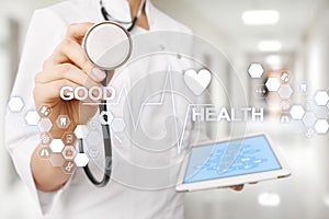 Good health check. Medical doctor using modern virtual screen computer.