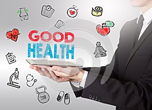 Good Health concept. Healty lifestyle background. Man holding a