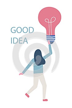 Good idea. Business woman holding/showing/displaying a lightbulb. Flat style modern