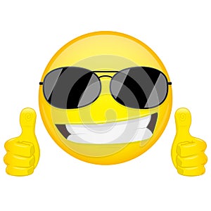 Good idea emoji. Thumbs up emotion. Cool guy with sunglasses emoticon. Vector illustration smile icon.