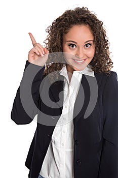 Good idea: isolated young business woman in blue with forefinger