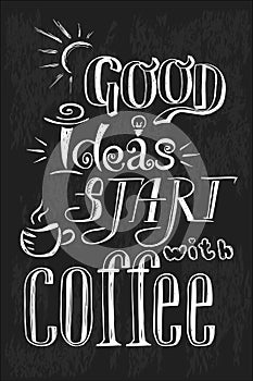Good ideas start with Coffee ,lettering banner hand drawn,