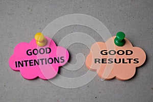 Good Intentions or Good Results write on sticky note isolated on Office Desk