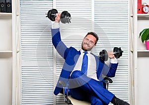 Good job concept. Boss businessman office manager raise hands with dumbbells. Boost business. Boost your managing skill