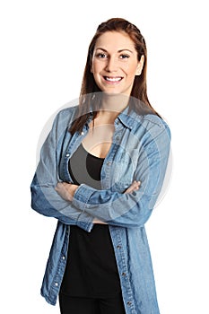 Good looking woman in jeans shirt smiling