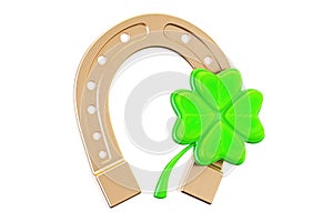Good luck concept, horseshoe and four leaf clover. 3D rendering