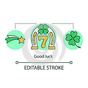 Good luck concept icon. Fortune idea thin line illustration. Horseshoe anf four leaf clover symbols. Lucky seven game