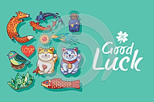 Good Luck. Cute hand drawn card with lucky charms