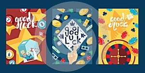 Good luck in gambling, typography banners, vector illustration. Set of cards with casino symbol, game icon. Jackpot