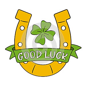 Good Luck lettering with a horseshoe and a clover. St. Patrick\'s Day greeting card