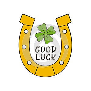 Good Luck lettering with a horseshoe and a clover. St. Patrick\'s Day greeting card