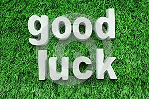 Good Luck made from concrete alphabet top view on green grass