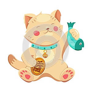 Good luck Maneki-neko cat with fish in its paw and bell around its neck.