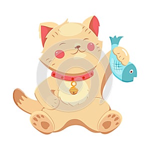 Good luck Maneki-neko cat with fish in its paw and bell around its neck.