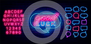 Good luck neon emblem. Handwritten lettering. Shiny pink alphabet. Winning concept. Vector stock illustration