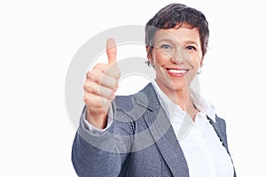Good luck. Portrait of happy female executive wishing you luck over white background.