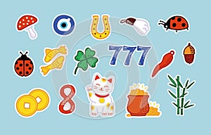 Good Luck Stickers Set. Asian and European talismans and amulets colorful vector illustration. Symbols of success