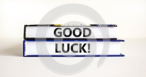 Good luck symbol. Concept words Good luck on beautiful books. Beautiful white table white background. Business, motivational good