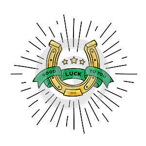 Good luck symbol, horseshoe vector illustration with ribbon for text