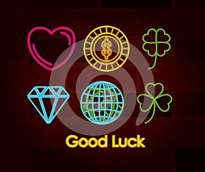 Good luck symbols set of neon sign on brick wall