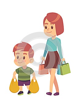 Good manners. Boy helps mom. Polite kid with good manners holding packages in supermarket. Mother with son shopping