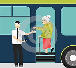 Good manners.old woman in the bus.to give hand to old woman.tired woman and man