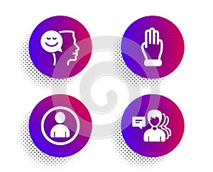 Good mood, Avatar and Three fingers icons set. People sign. Positive thinking, User profile, Click palm. Vector