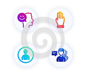 Good mood, Avatar and Three fingers icons set. People sign. Positive thinking, User profile, Click palm. Vector