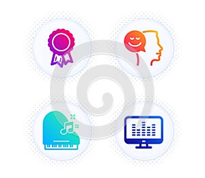 Good mood, Success and Piano icons set. Music making sign. Positive thinking, Award reward, Fortepiano. Dj app. Vector photo