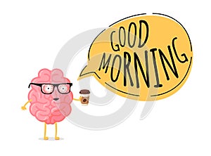 Good morning banner concept. Tired fatigue bad emotion cute cartoon human brain character with hot coffee cup. Central