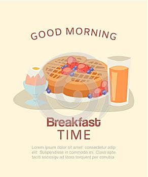 Good morning breakfast with belgian waffles berries, orange juice and egg vector illustration.